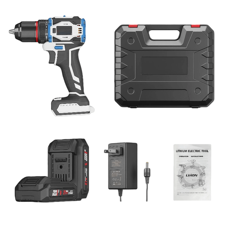 21v-cordless-drill-diy-outdoor PNG graphic of 21V lithium cordless drill for DIY outdoor use – showing operation label, model LHON, and lithium electric tool branding.