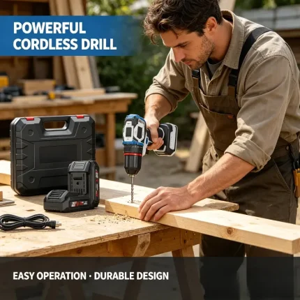 21V powerful cordless drill for home projects – easy operation, durable design, ideal for DIY home improvement tasks.