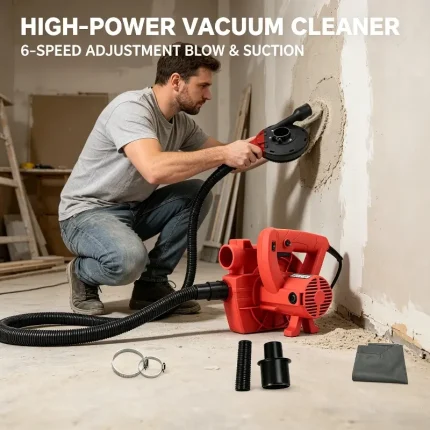 Heavy-duty wet/dry vacuum cleaner with 6-speed blow and suction – includes 3-meter hose and free gift accessories.