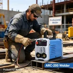 Welder using ARC-200 inverter welding machine on a metal frame – real-world scene showing stable arc and portable machine placement.