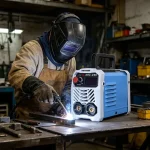 ARC-200 welder rear panel view – showing output terminals (positive/negative), power switch, cooling fan, and input cable.