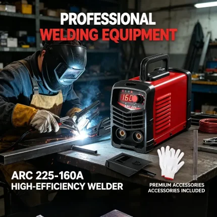 Worker using ARC225 portable welder on a metal fabrication project – real-world scene showing inverter machine with smooth arc.