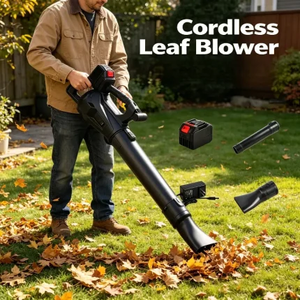 High-power cordless leaf blower with detachable nozzle and battery