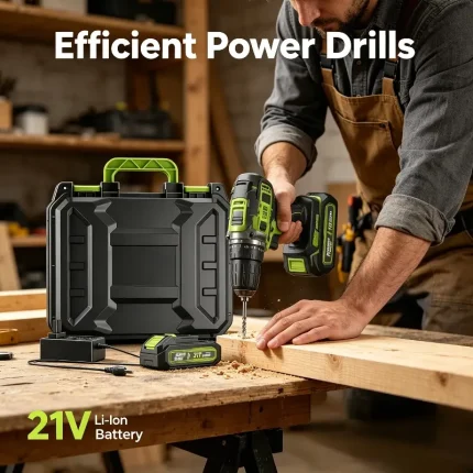 21V Li-ion cordless drill for outdoor installation – efficient power drill with lithium battery for extended runtime.
