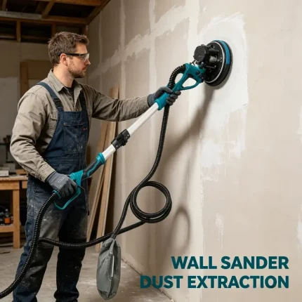 Worker using drywall sander with dust extraction on vertical wall – tool connected to vacuum hose, no visible dust cloud during sanding.
