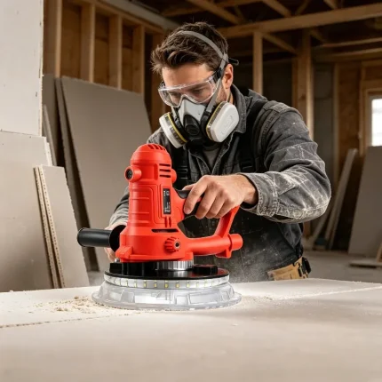 Worker using a professional drywall sander with LED lighting on a ceiling – dust extraction hose attached, illuminated sanding head for precise finishing.
