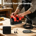 Worker using dustless ceiling sander on scaffolding – efficient wall and ceiling sanding with vacuum system.