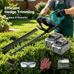 Efficient hedge trimming tools – cordless garden hedge cutting set with two batteries and sharp blades.