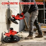 Worker operating a power trowel on a fresh concrete floor – real-world application of a concrete finishing tool for smoothing and leveling.