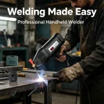 Professional handheld welder with precision tip for sheet metal and stainless steel welding.
