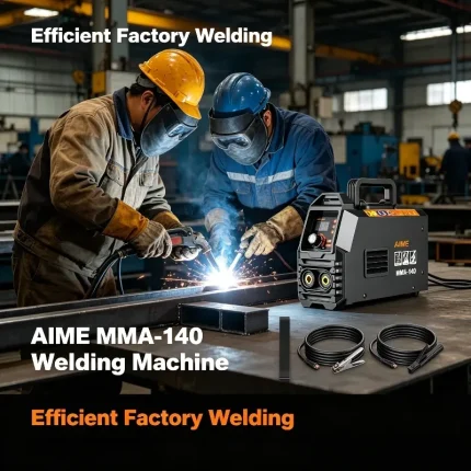 Factory welder using AIME MMA-140 welding machine on steel structure – stick welding in workshop, efficient metal joining.