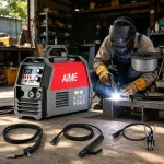 AIME MIG-140 efficient MIG welder – digital display showing 888, 140-amp portable welding machine for gasless and gas MIG.
