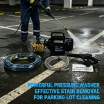 Powerful pressure washer for effective stain removal on parking lot concrete surfaces.