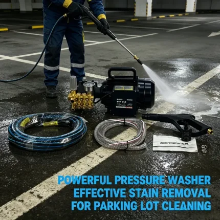 Powerful pressure washer for effective stain removal on parking lot concrete surfaces.