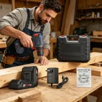 Worker using a lithium cordless outdoor drill on a wooden fence – portable battery-powered drilling tool for home improvement and construction.
