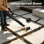 Cordless leaf blower clearing debris from concrete patio