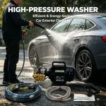 Worker operating a powerful pressure washer on a large asphalt parking lot, removing oil stains and tire marks.