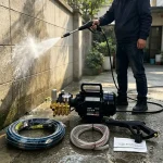 Pressure washer cleaning a concrete parking garage floor with heavy mud and dirt buildup after rain.