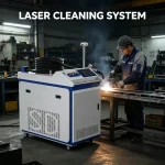 Fiber laser welding and cleaning machine - industrial handheld laser system with control panel and processing head.