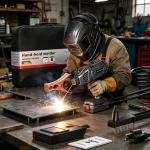 Handheld inverter welder – portable stick welder with digital display and carrying strap, for fieldwork.
