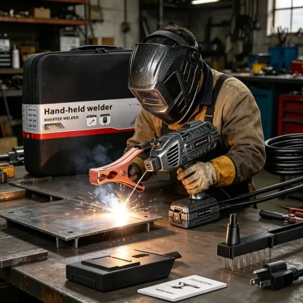 Handheld inverter welder – portable stick welder with digital display and carrying strap, for fieldwork.
