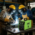 Factory welder using AIME MMA-140 welding machine on steel structure – stick welding in workshop, efficient metal joining.