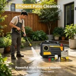 Auto pressure washing tool cleaning both a car wheel and a bicycle, dual-purpose high-pressure cleaner.