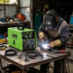 Welder adjusting AIME MMA-140 welding machine settings – preparing for stick welding, digital display and amperage control visible.