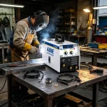 Welder using AIME portable IGBT arc welder on steel structure – real workshop scene with bright arc and safety gear.