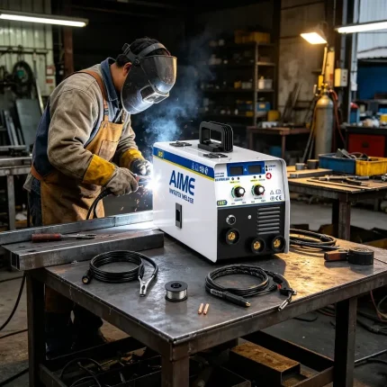 Welder using AIME portable IGBT arc welder on steel structure – real workshop scene with bright arc and safety gear.
