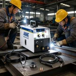 Outdoor welding with AIME portable IGBT arc welder – worker repairing metal gate, machine powered by generator.