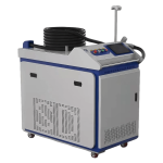 Laser cleaning and welding principle diagram - fiber laser beam interaction with surface contaminants and metal joint.