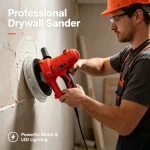 Professional drywall sander with powerful motor and LED lighting – product view showing ergonomic handle, LED lamp near sanding pad.