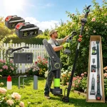Battery powered tree trimmer with powerful motor and long battery life – cordless extendable for all day garden work.