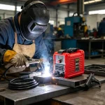 Worker using mini 250A inverter welder outdoors for fence repair – portable arc welding machine on a farm or construction site.