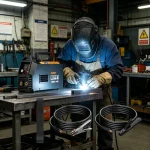 Welder adjusting AIME MMA-140 welding machine settings – preparing for stick welding, digital display and amperage control visible.