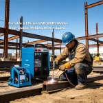 Worker using NB-500B1 portable welder in workshop – fabricating a metal structure, demonstrating portability and ease of use.