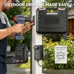 Outdoor cordless drilling tool – lithium electric tool with slogan “Outdoor Drilling Made Easy,” lightweight and powerful.