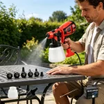 Man Using Electric Spray Gun to Paint Outdoor Table