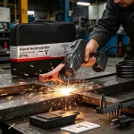 Worker using hand-held inverter welder outdoors – repairing a metal fence, demonstrating portability and ease of use.