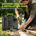 Outdoor drilling and installation guide – efficient portable power drill for outdoor projects, featuring instruction reference.