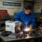 AIME portable inverter arc welder – shown alongside welding and repair services, protective gear, and essential tools.