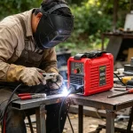 Workshop welding with mini 250A inverter – fabricating a metal workbench, showing stable arc and compact welder placement.