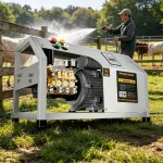 Portable pressure washing tool – power strong warning, compact electric cleaner for patios, fences, and outdoor furniture.
