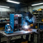 Outdoor welding with NB-500B1 portable welder – repairing steel structure on construction site, powered by generator.