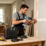 DIYer using 21V cordless drill outdoors for fence installation – powerful lithium tool making outdoor drilling easy and efficient.
