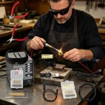 Jeweler using a jewelry spot welder on a workbench – precision welding of a gold chain link, showing electrode tips and spark.
