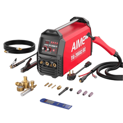 PNG image of AIME TIG-200AC/DC professional TIG welding machine – showing 200-amp rating and AC/DC capability for aluminum and steel.