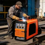 Welder using T700 high-efficiency inverter welding machine on a steel frame – real-world application showing stable arc and minimal spatter.
