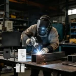 Outdoor welding repair in progress – worker using portable welder to fix a metal fence, easy operation in field conditions.